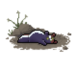 Pixel art of a slugpup lying on its belly. It has a white stripe running vertically down its whole body, the left side of which is purple-blue and the right side of which is red.